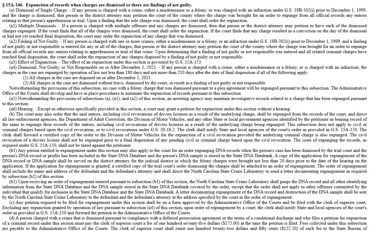 Onslow County criminal court records dismissal expunction statute