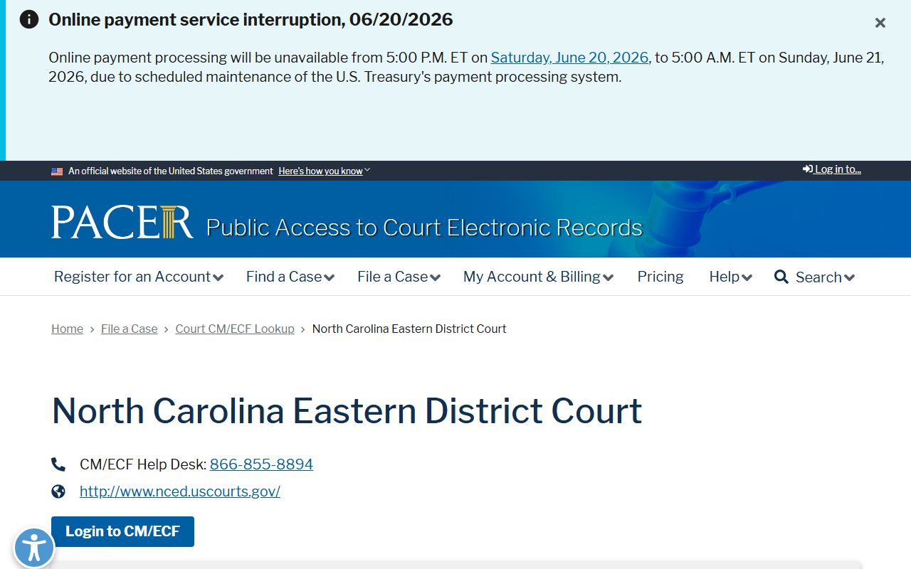 Onslow County PACER lookup for federal District Court records