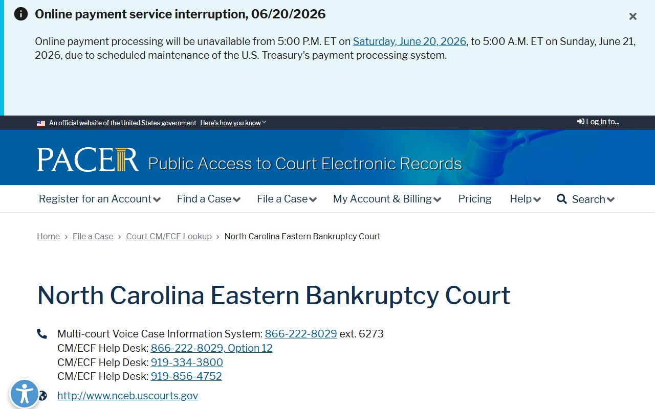 Onslow County PACER lookup for bankruptcy court records