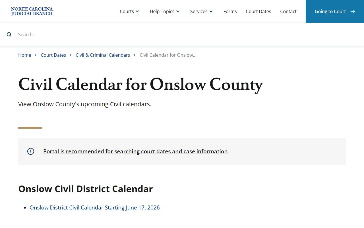 Onslow County court records civil calendar search
