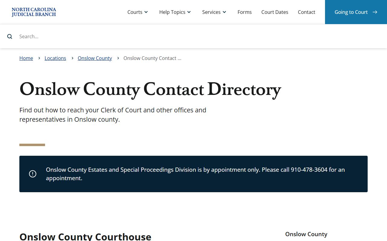 Onslow County court records contact directory