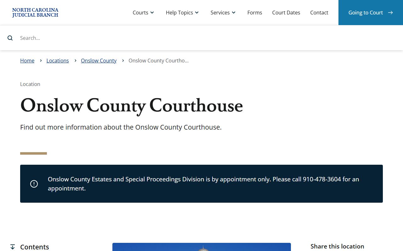 Onslow County court records courthouse access page