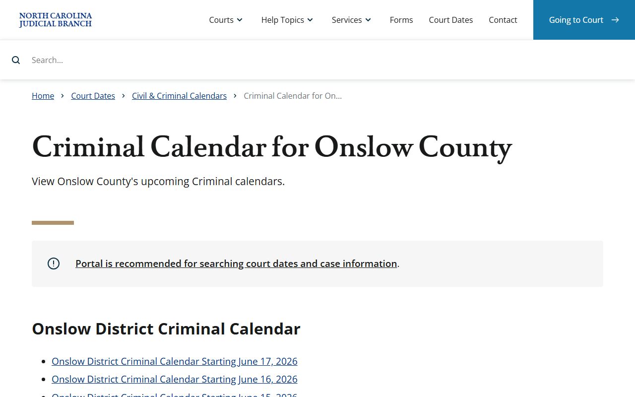 Onslow County court records criminal calendar search