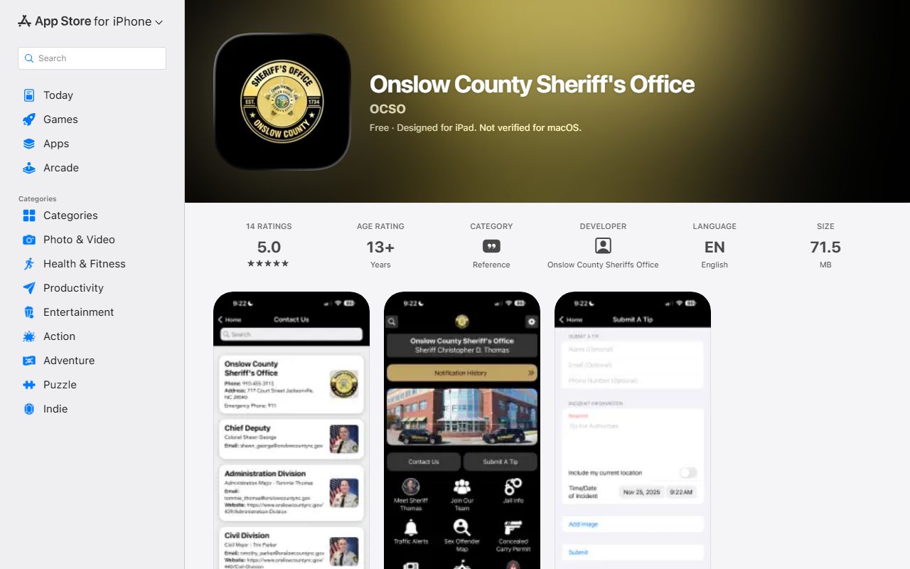 Onslow County inmate search Apple App Store sheriff app listing