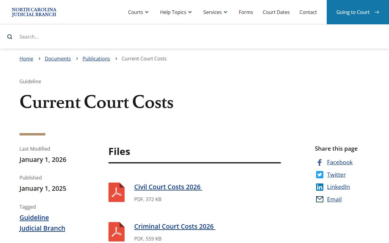 Onslow County probate records and current North Carolina court costs