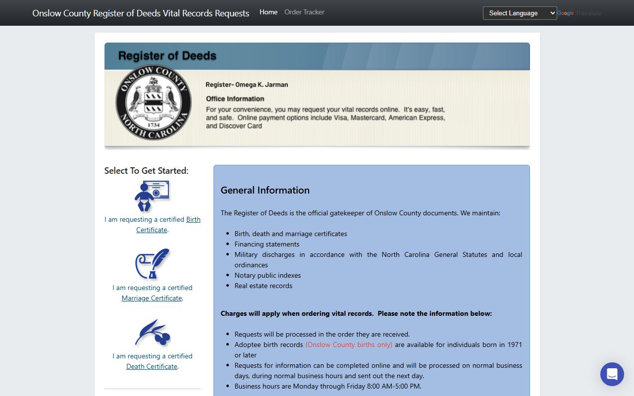 Onslow County probate records and Permitium vital records requests