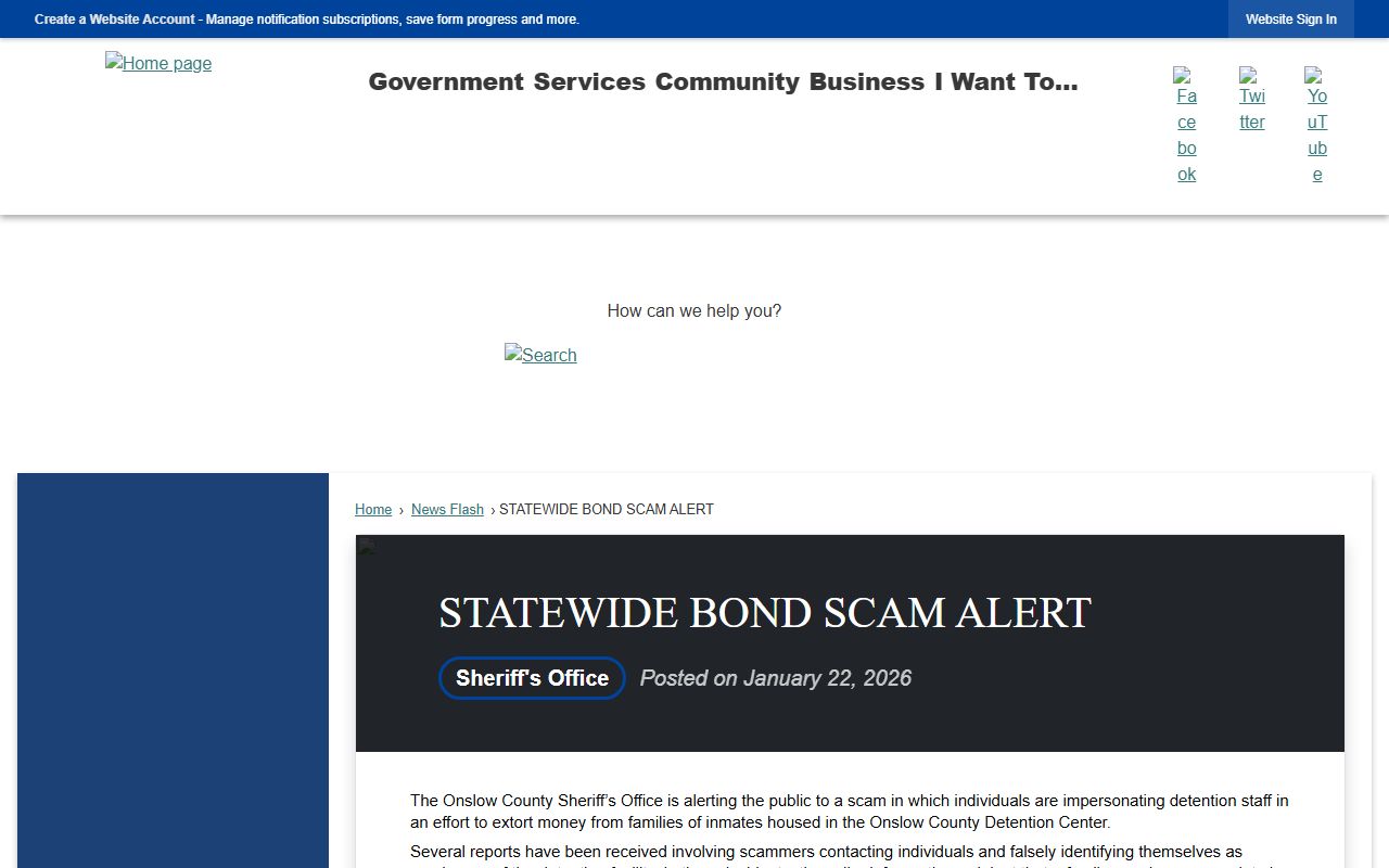 Onslow County warrant search bond scam alert